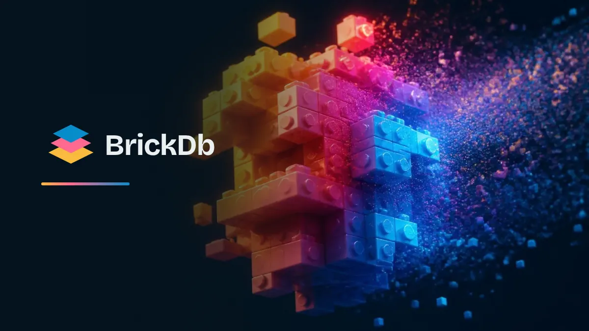 The BrickDb logo beside a sculpture of colourful toy bricks, the artwork of BrickDb's redesigned home page